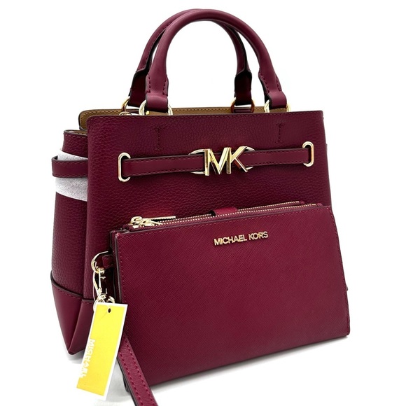Michael Kors Reed Small Satchel Crossbody Bag & LG Double Zip Wallet Dark Cherry - Picture 3 of 16